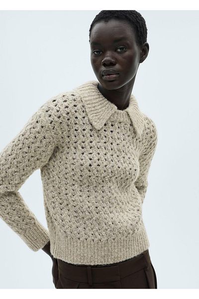 MANGO Woman Pulover cu gât polo din tricot ajurat