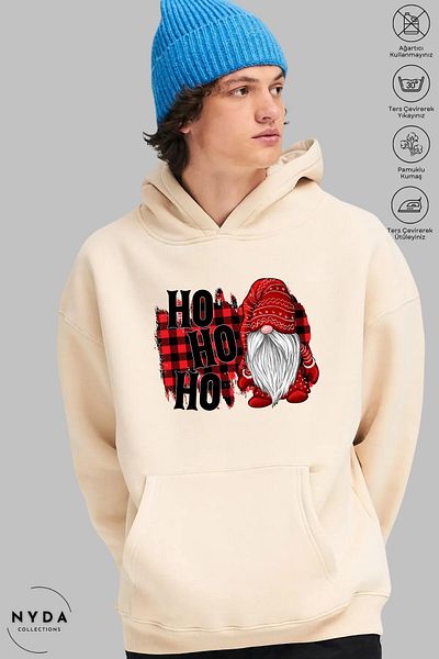 Nyda Collections Πρωτοχρονιάτικο χριστουγεννιάτικο Hohoho printed Unisex φούτερ με κουκούλα oversize