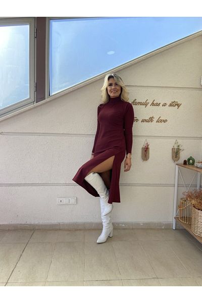 leyla sanat sanata yeni bir bakış açısı Leyla Art a New Perspective on Art Women's Long Sleeve Turtleneck Deep Slit Detail Crepe Elbis