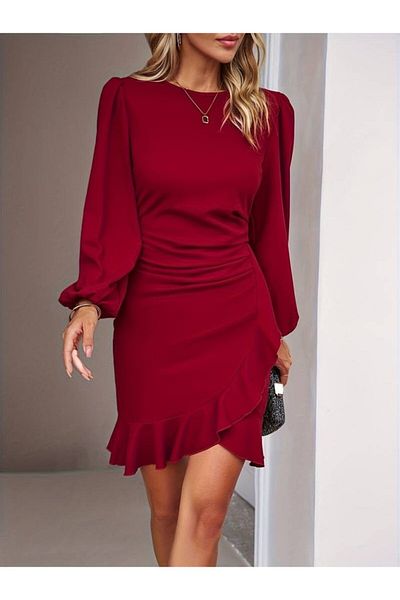 Modayakamoz Women's Long Sleeve Crew Neck Front Flounce Imported Crepe Dress