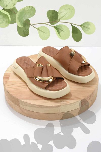 Bambi Γυναικείες παντόφλες Tan Γνήσιο Δέρμα Κ 04292770203