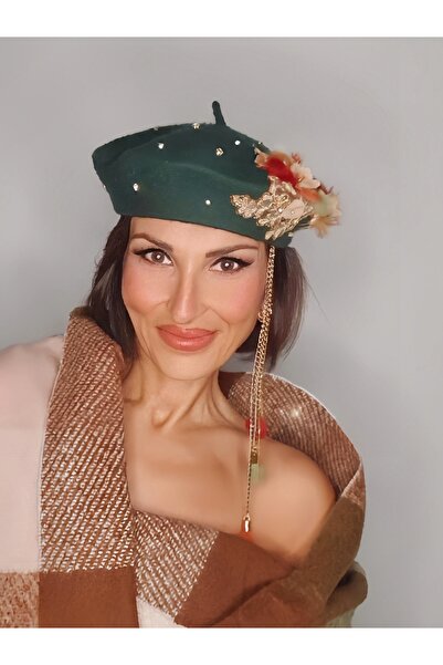 Senbeno Design ÖZGÜN TASARIM TÜY DANTEL TAŞ DETAYLI OPSİYONEL ZİNCİR SALLANTILI YEŞİL KADIN FRANSIZ RESSAM BERESİ