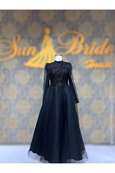 MODA Siyah Midi Boy Taş Detaylı Tül Tesettür Abiye Nişanlık