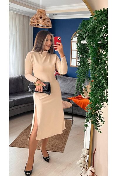 Miracle Omni Women's Long Sleeve Turtleneck Deep Slit Detail Crepe Dress