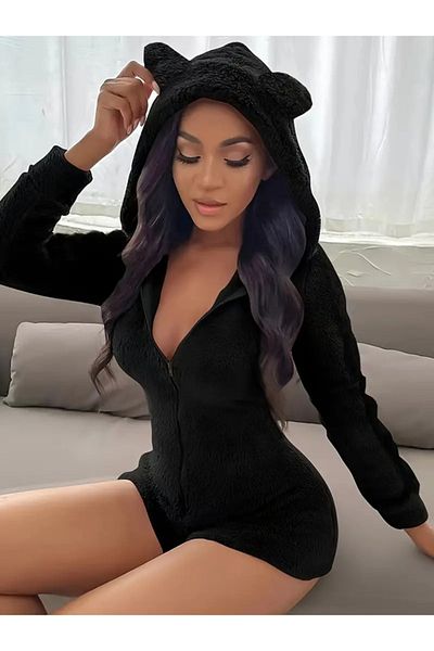 REKA MODA Women's Long Sleeve Hoodie and Zipper Detailed Plush Shorts Jumpsuit