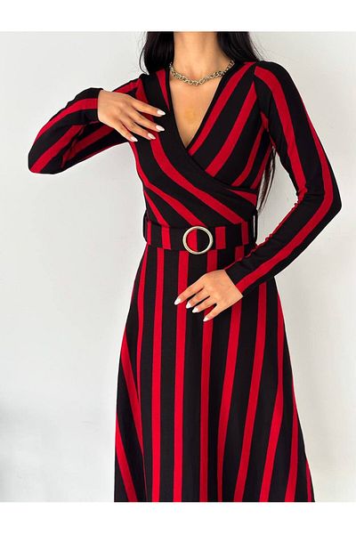 Modayakamoz Rochie de damă din țesătură acrilică, cu decolteu dublu, cu curea, cu mânecă lungă, cu dungi midi