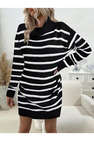 JANES Rochie de damă, cu mânecă lungă, cu decolteu, cu dungi Sonya Yarn, tricotaj lungimi (fără curea)