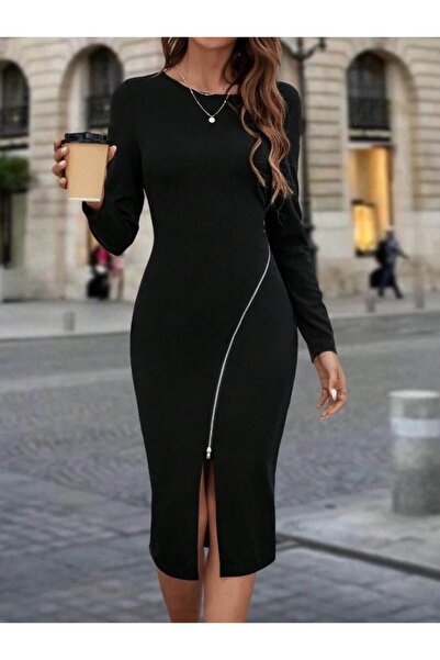 Femella Women Fashion Дамска рокля с дълъг ръкав, цип на врата, разрез и креп...