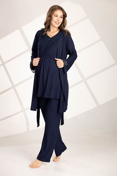 Lohussa Women's Navy Blue Lace Design Short Sleeve 100% Cotton Maternity Maternity Dressing Gown Pajamas Set Set