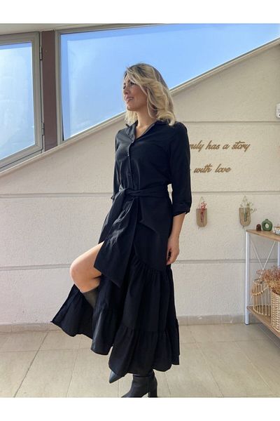 İpeksi Silky Women's Long Sleeve Skirt Ruffled Waist Belted Tricot Full Length Shirt Dress