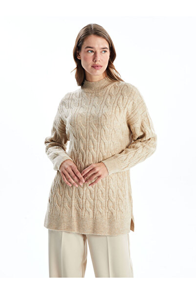 LC Waikiki Beige Mock Neck Self-Patterned Women's Knitwear Tunic