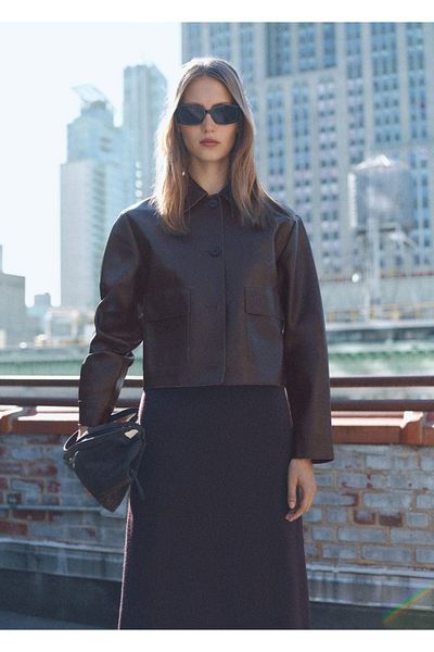 MANGO Woman Leather Look Pocket Jacket