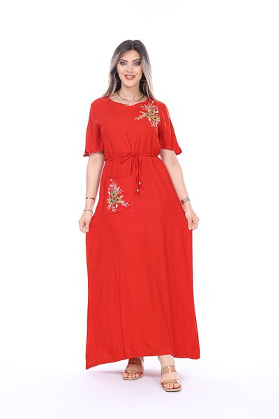 mervemoda Γυναικείο κοντομάνικο κέντημα λεπτομερές καλοκαιρινό μακρύ φόρεμα