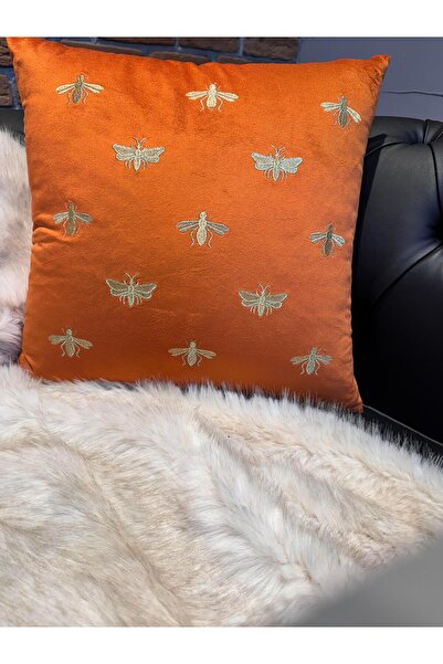 ref crea Терракота-златист калъф за възглавница с бродерия на пчела