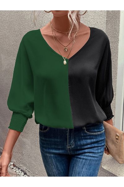 İpeksi Silky Women's Long Sleeve V Neck Sleeve Mouth Gipeli Sandy Blouse