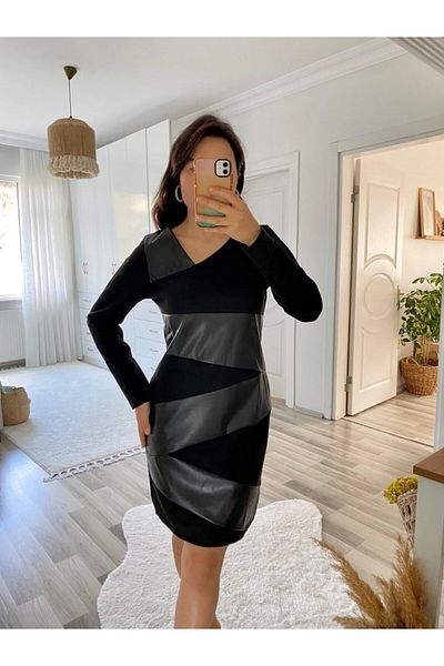 Almina tasarım Women's Long Sleeve Asymmetrical Lapel Suede And Leather Mini Size Dress