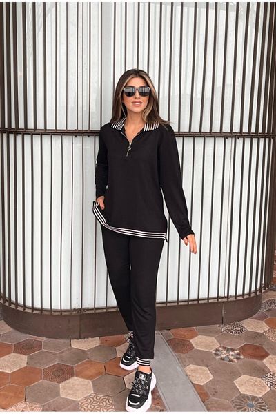 JANES Women's Long Sleeve Ribbed and Zipper Detail Blouse and High Waist Trousers 2-Piece Set