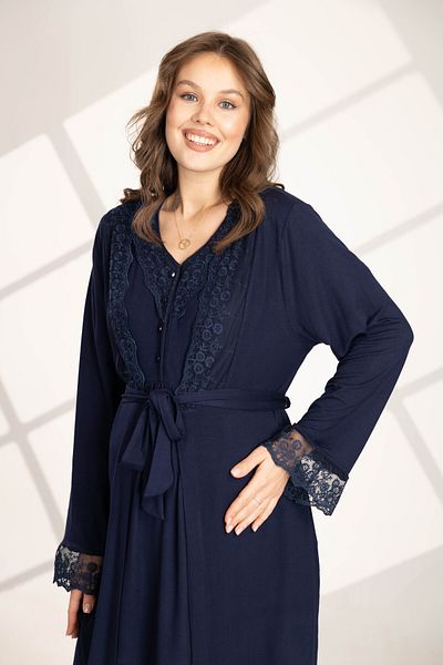Lohussa Women's Navy Blue Lace Design Short Sleeve 100% Cotton Maternity Maternity Dressing Gown Pajamas Set Set