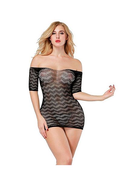 İntive Lingerie Mini ciorapi/rochie de corp decoltat din plasă cu model în zig-zag