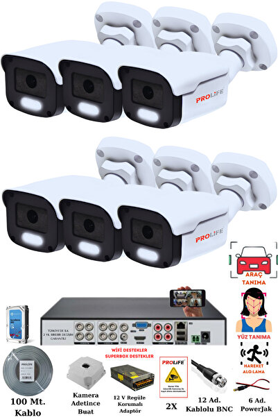 PROLİFE 6'Lı Guvenlik Kamerası Gece Renkli Görüşlü Full HD 5 Mp Sony Lensli Yüz Tanımalı Kamera Sistemi