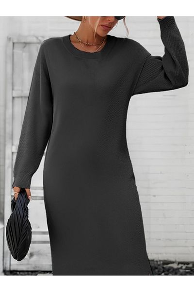 Kokosh moda Γυναικείο μακρυμάνικο λαιμόκοψη με λεπτομέρεια πλεκτό μίντι φόρεμα