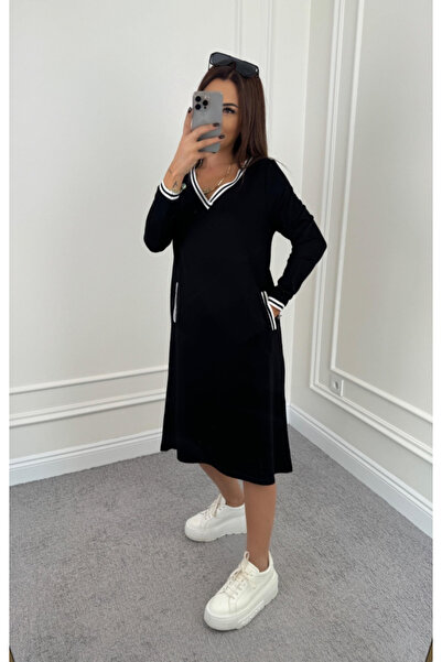 passense Dámské šaty s dlouhým rukávem a výstřihem do V s proužkovaným detailem Kapesní midi viskózové šaty se dvěma vlákny