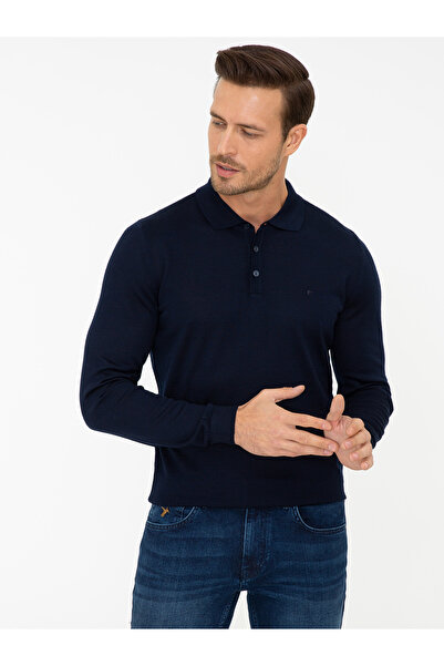 Cacharel Navy Blue Slim Fit Polo Neck Basic Knitwear Sweater 50237054-Vr033