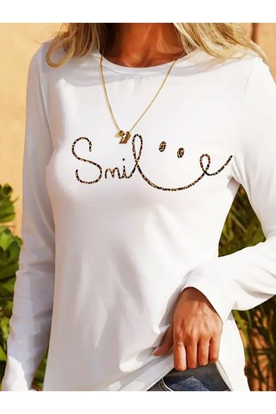 Kokosh moda Γυναικεία μακρυμάνικη μπλούζα βισκόζης με λαιμόκοψη με χαμογελαστό πρόσωπο