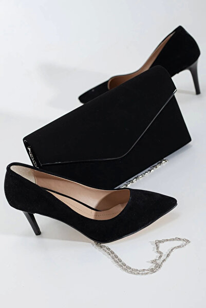 Genel Markalar Stiletto 7 cm Siyah Süet Çanta Kombinli