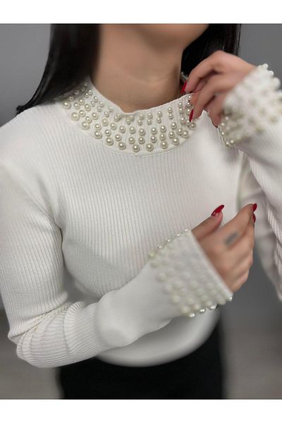 Qutu Butik 10618 Pearl Tricked Sweater with Back Knitted Detail