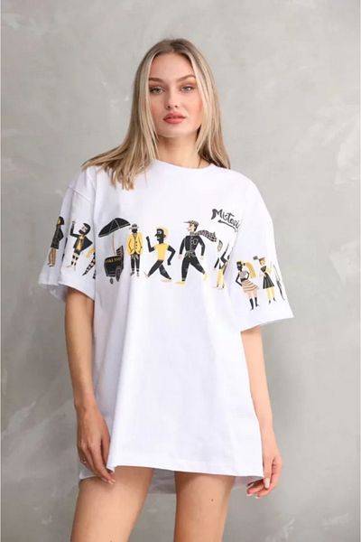 JANES Λευκό μπλουζάκι Unisex Oversize με στάμπα με λαιμόκοψη