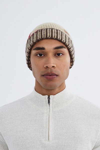 Nordbron Men's Winter Acrylic Print Soft Knitwear Beret - Basic Color-Blocked Emey with Logo