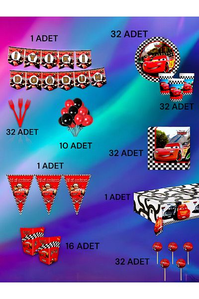 VibeHome Ultra-Luxury Set for 32 People with Cars Theme - Birthday Party and Fun Events