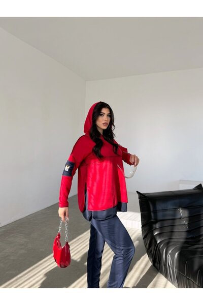 Modayakamoz Women's Red Hooded Double Suit with Hem Detail and Reverse Stitching