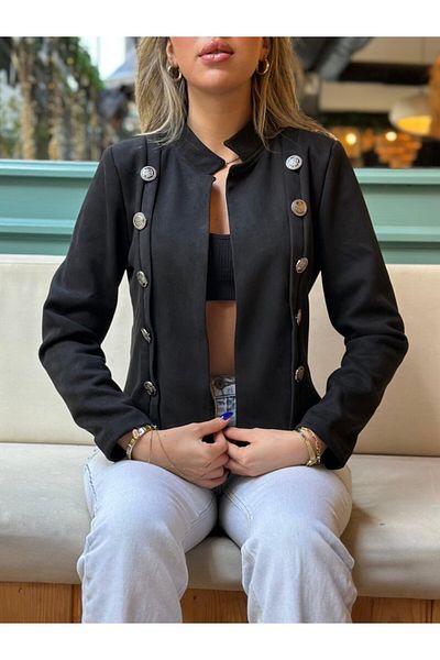 Miracle Omni Women's Long Sleeve High Collar Short Suede Jacket with Buttons on the Sides
