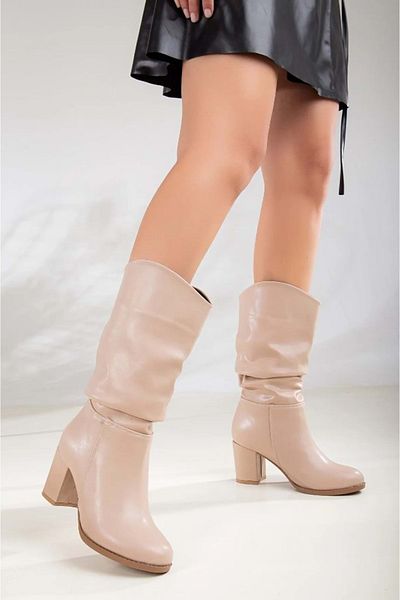 KCMN Feles Faux Leather Gathered Γυναικείες Μπότες Μπεζ