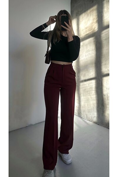 asfamoda Kadın Bordo Yüksek Bel Geniş Paça Palazzo Pantolon