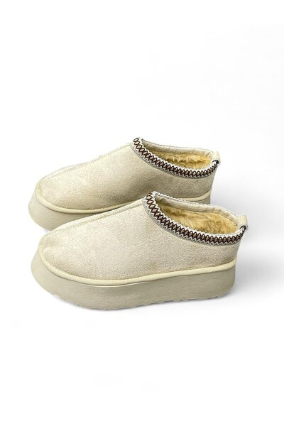 ERVANIN BUTİĞİ Bej Süet (Flora) Nakış Detay Kadın Terlik