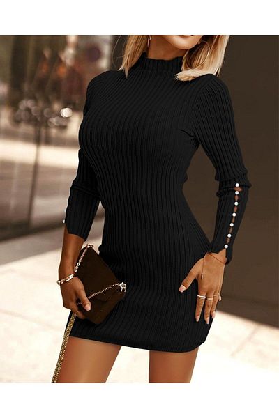 Viyamo Rochie de damă cu mânecă lungă, semi-gât țesut, cu mâneci cu nasturi, detaliată, scurtă, camisole