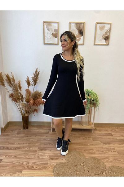 JANES Rochie de damă cu mânecă lungă, cu gât rotund adânc, scurtă din viscoză, cu două fire