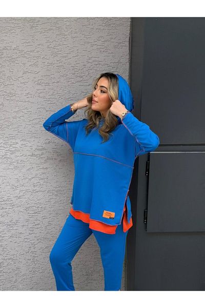 Gökyüzü Moda Women's Indigo Hooded Double Suit with Hem Detail and Reverse Stitching
