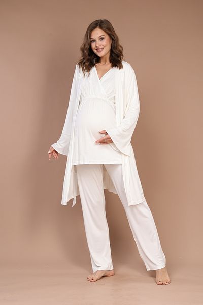 Lohussa Women's Ecru Winter Design Full Length 100% Cotton Maternity Maternity Dressing Gown Pajamas Set