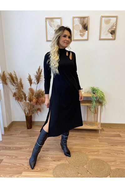 İpeksi Silky Women's Long Sleeve Turtleneck Crepe Midi Dress with Drop Detail on the Shoulder and Slit