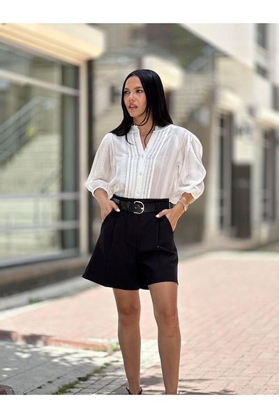 Qutu Butik 5807 Nervur Detail Balloon Sleeve Shirt