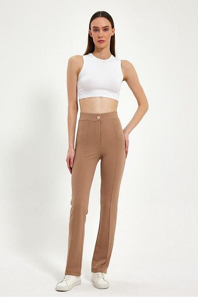 ELLEGANT Beige High Waist Ribbed Stitched Women's Trousers