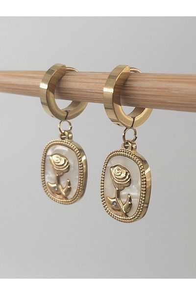 Siya Silver Pearlescent and Embossed Anti-Tarnish Steel Rose Earrings