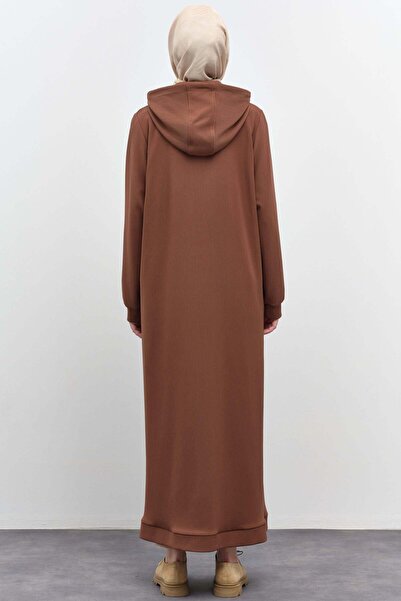 Tuğba Kapüşonlu Fermuar Kapamalı Örme Ferace - Kahve
