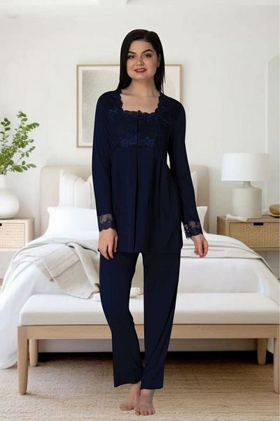 Effortt Venera Effortt Maternity Pregnant Lace Detailed Elegant Maternity Dressing Gown Sleepwear Set