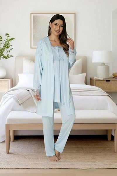 Effortt Venera Effortt Maternity Pregnant Lace Detailed Elegant Maternity Dressing Gown Sleepwear Set