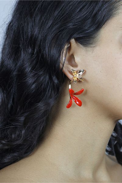homet Red and Gold Color Flower Design Steel Earrings - 1 Pair